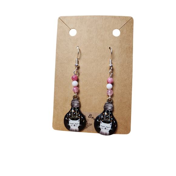 Handmade Cat Lightbulb Earrings with Pink and White Jade Beads | Lightweight - Picture 5 of 6